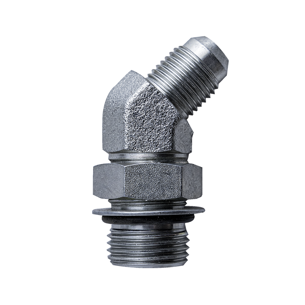 Elbow Fitting - 1/2" ORB Male (3/4"-16 SAE-8) & Male JIC 3/8" - 45° - Zinc Plated