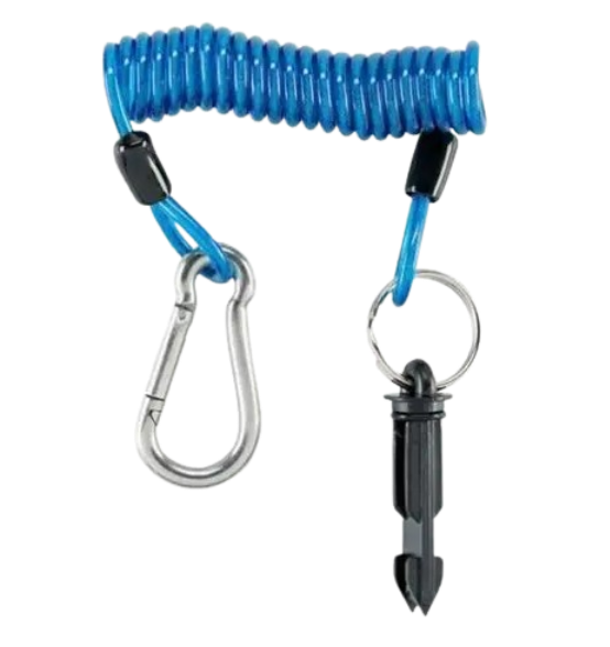 COILED BREAKAWAY CABLE 4' W/ STEEL SPRING SNAP AND PLASTIC KEY - BLUE