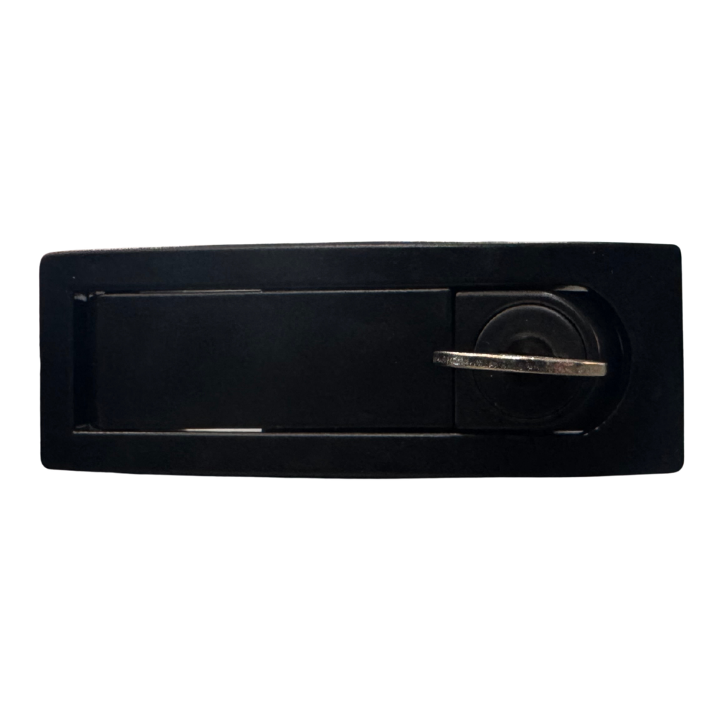 CERRADURA NEGRA RECTANGULAR CHICA DE ALEACION DE ZINC, CON LLAVE