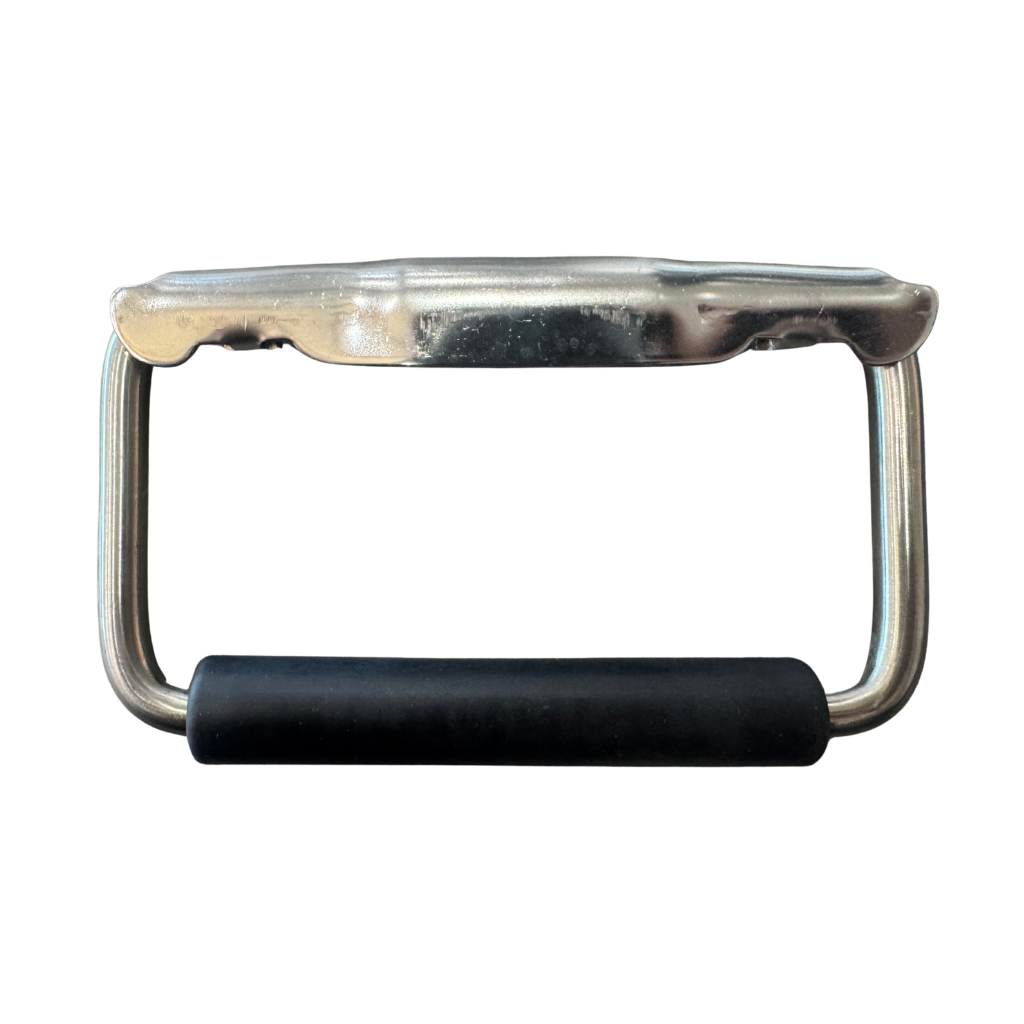 [E5202-1150] BISAGRA CROMADA (3 PERFORACIONES) CON MANIJA CON HULE NEGRO, 82X131MM