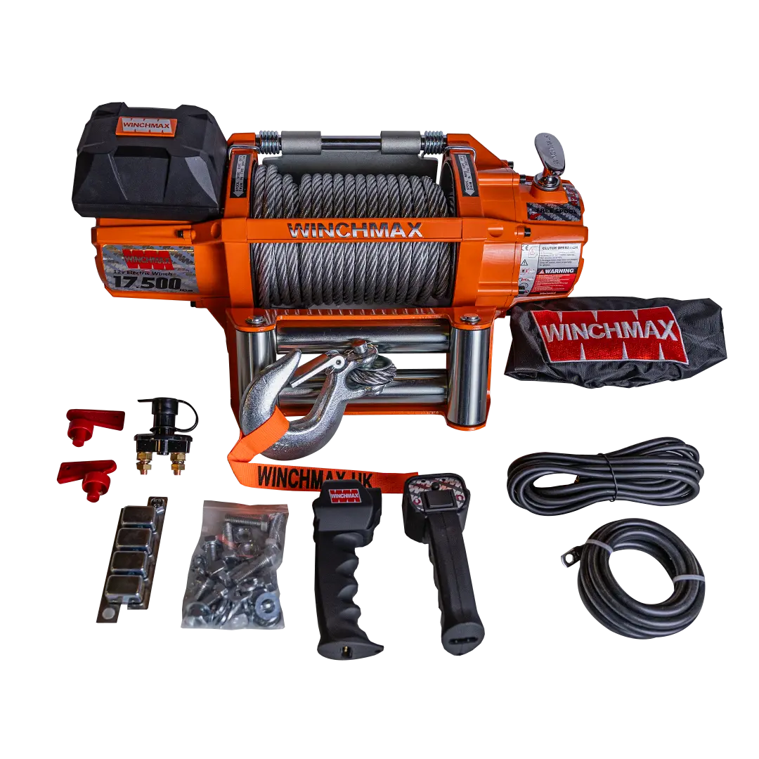 WINCH CON CABLE DE ACERO WICHMAX 65' – 17,500 LBS – 12V – NARANJA – C