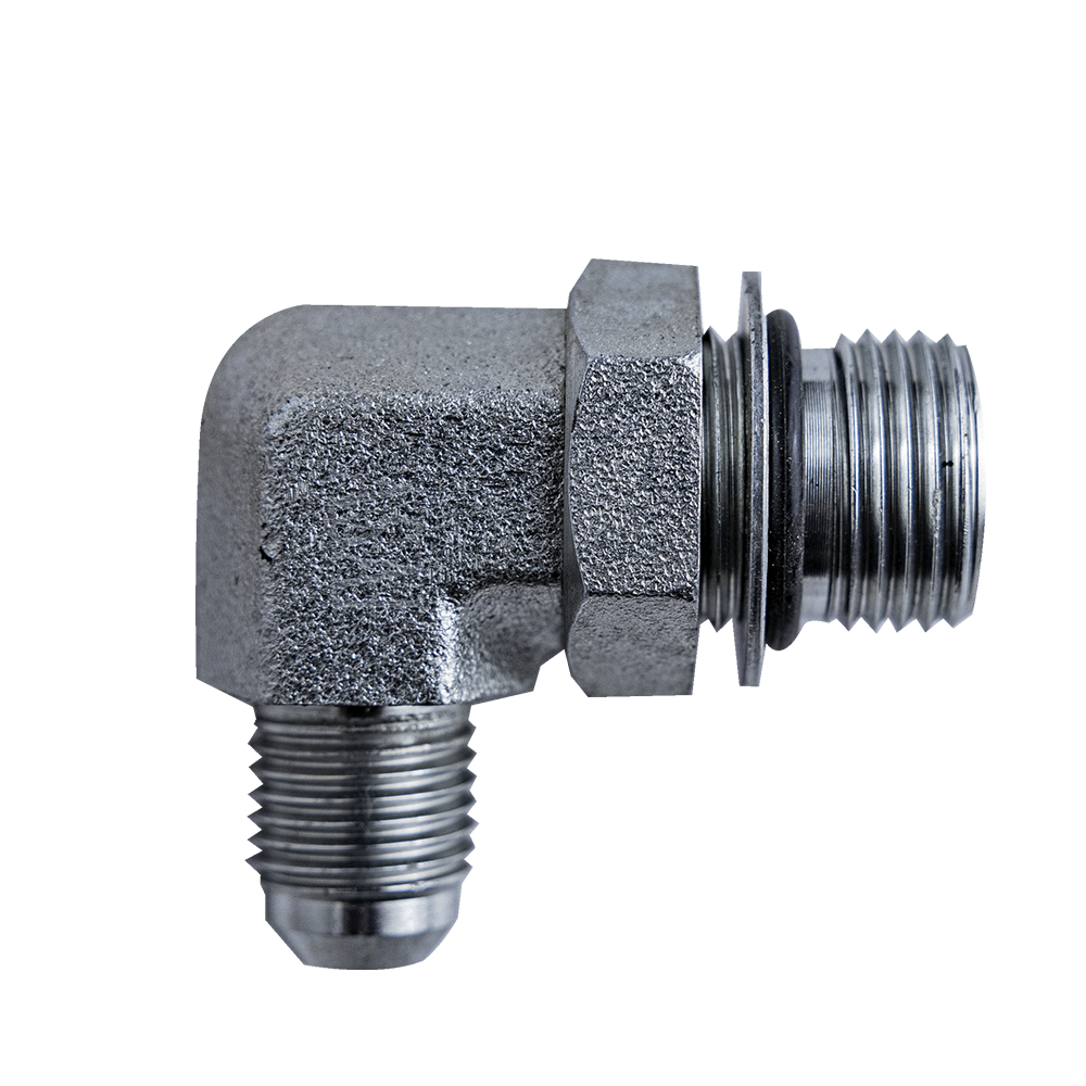 CODO HIDRAULICO 90° – 1/2" ORB MACHO (3/4"-16 SAE-8) Y CONECTOR MACHO JIC 3/8" – ZINCADO