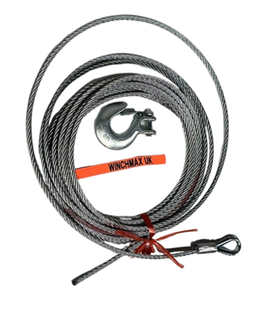 CABLE DE ACERO 12MM X 20M CON GANCHO TIPO CLEVIS 1/2", INCLUYE CORREA PROTECTORA Y ORIFICIO EN TAMBOR