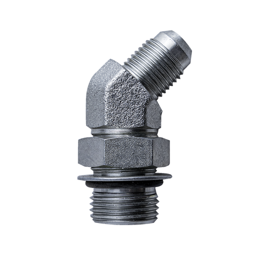 [GXHY-001006] CODO HIDRAULICO 45° – 1/2" ORB MACHO (3/4"-16 SAE-8) Y CONECTOR MACHO JIC 3/8" – ZINCADO